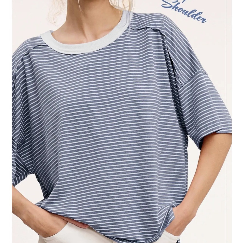 La Miel Blue‎ Striped Short Sleeve Top Oversized Dropped Shoulder Small